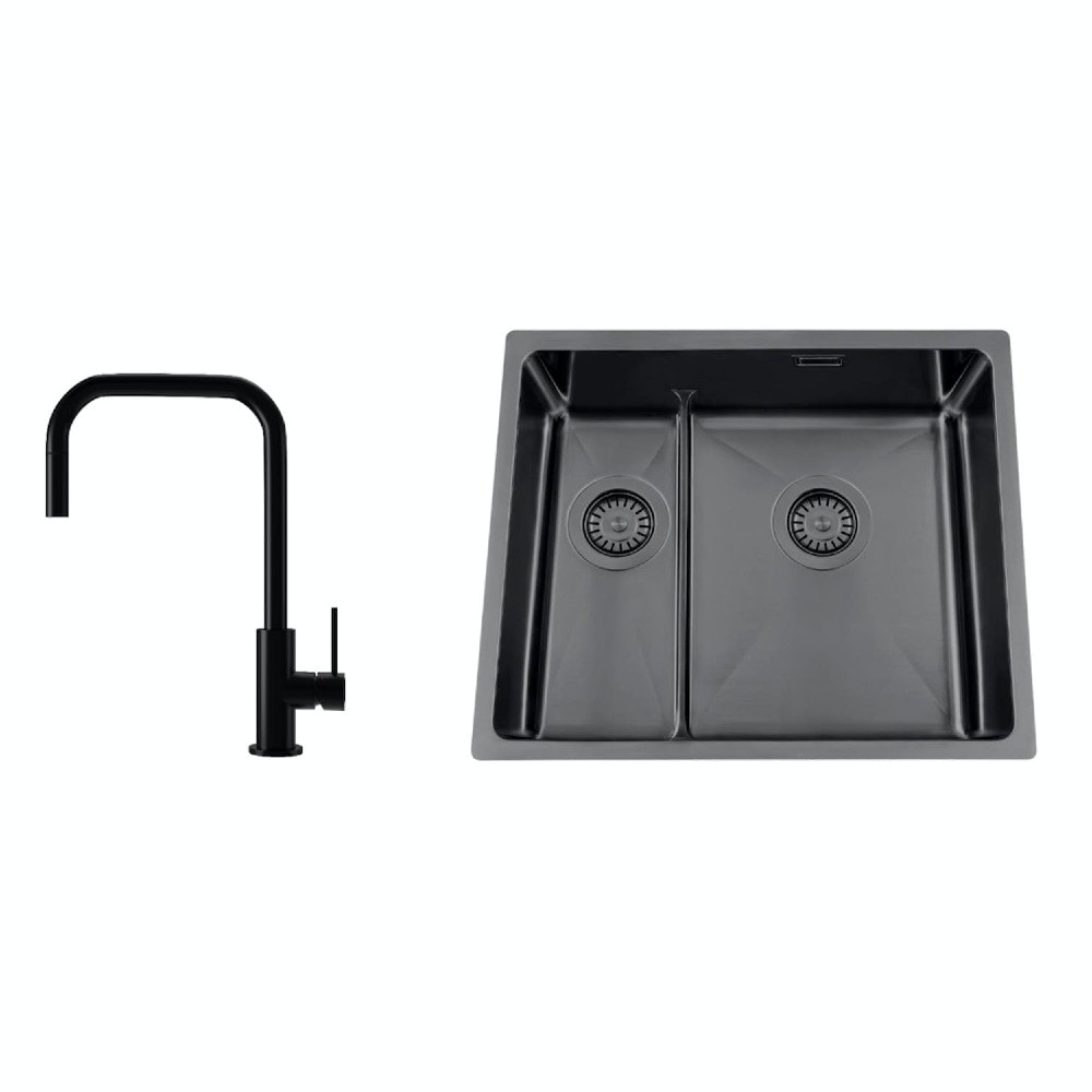 Nordic Tech Titan 53 KHX Nickel køkkenvask sort m PS Accent Square Shadow armatur