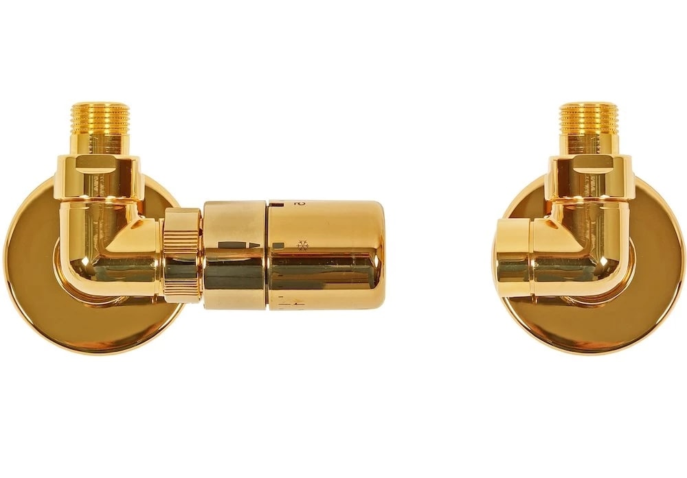 Kriss Corner Rum Plus vinkelventilsæt med rumtermostat i guld, fremløb venstre