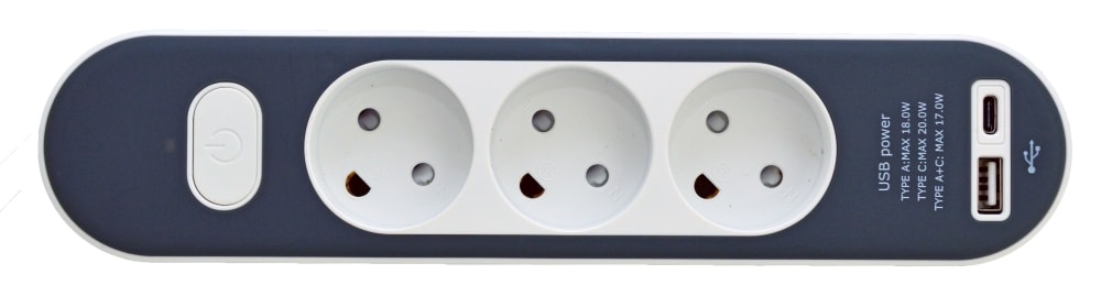 5-stikdåse med USB A+C 1,4m ledning uden jord