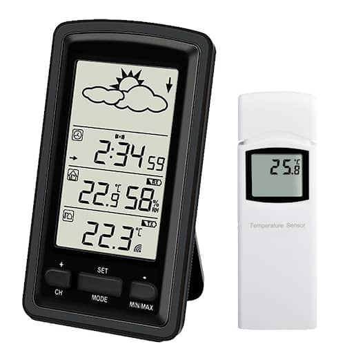 Agimex vejrstation m/temperatur, fugtighed, barometer og ur, op til 3 sensorer