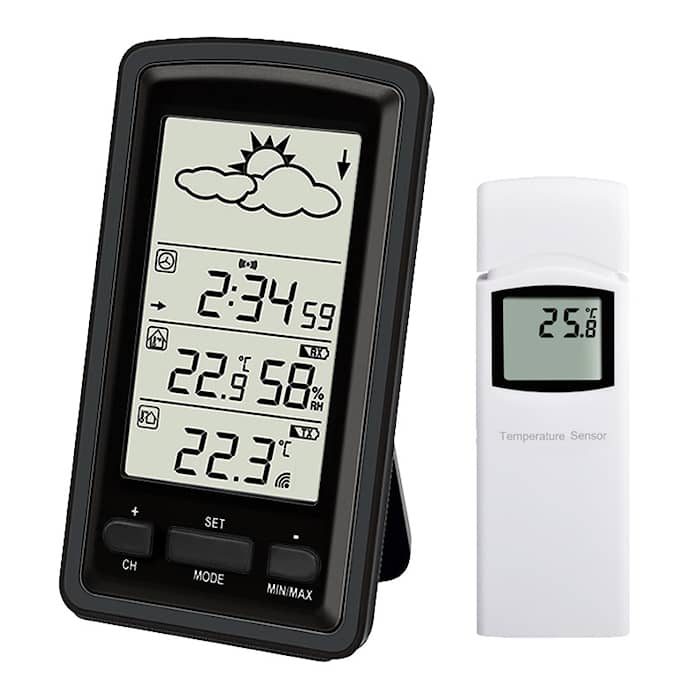 Agimex vejrstation m/temperatur, fugtighed, barometer og ur, op til 3 sensorer