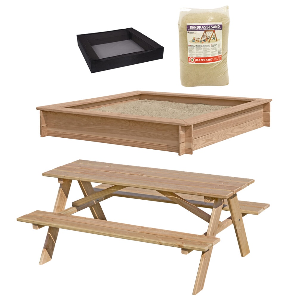 Nordic Play sampak med sandkasse, børnebord-bænkesæt i lærk og sandkassenet inkl. sand