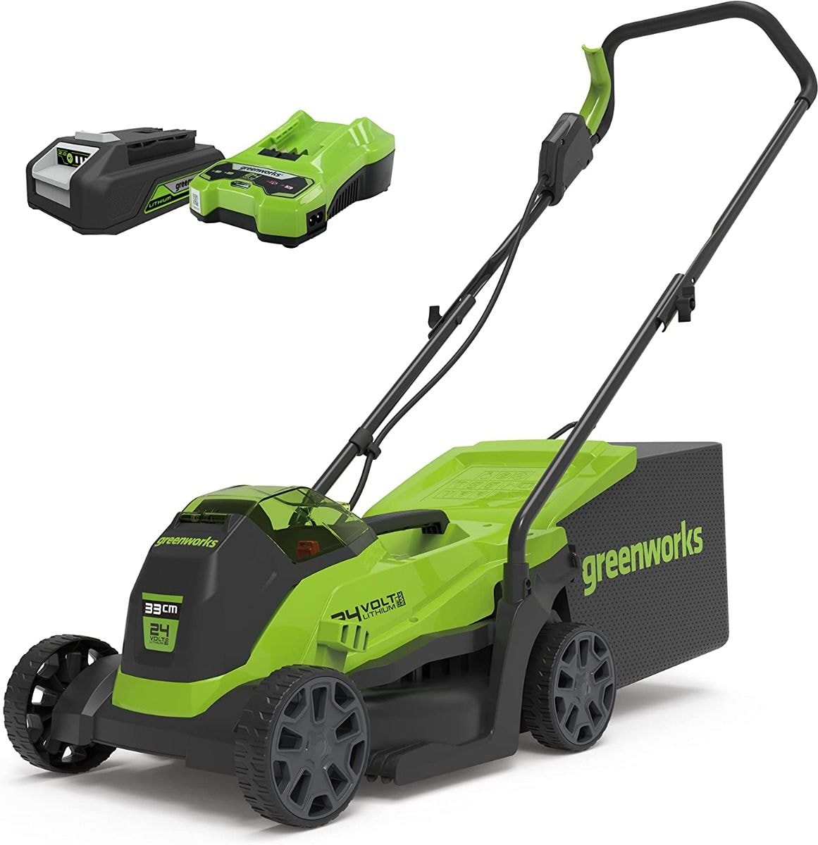 Greenworks GD24LM33K2 plæneklipper 24V 33 cm med 2,0 Ah batteri og lader
