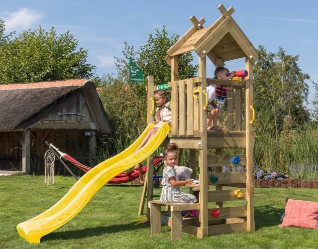 Jungle Gym Teepee legetårn komplet med gul rutsjebane
