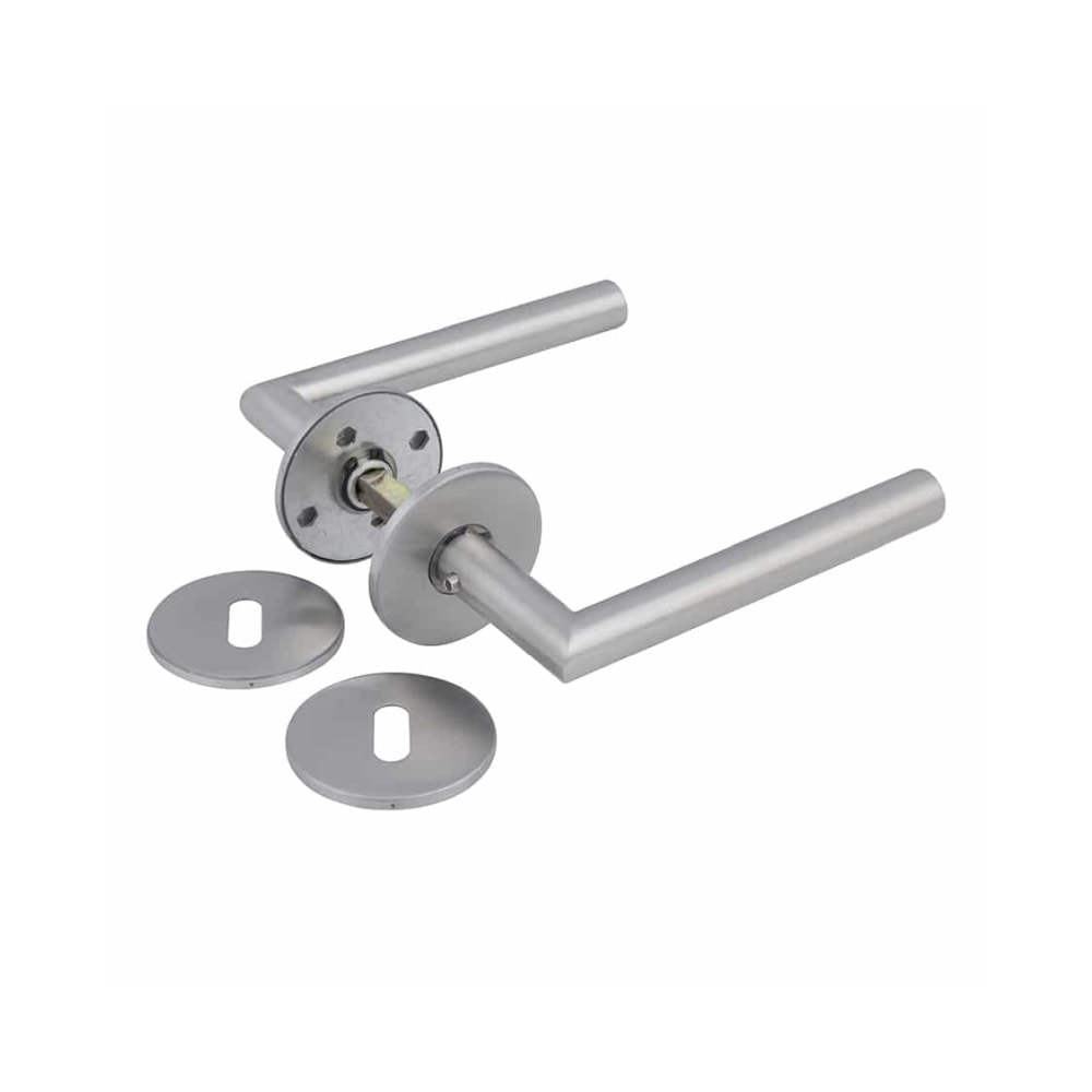 Jasa dørgreb L-form buet i børstet stål inkl. nøgleskilt Ø16 mm