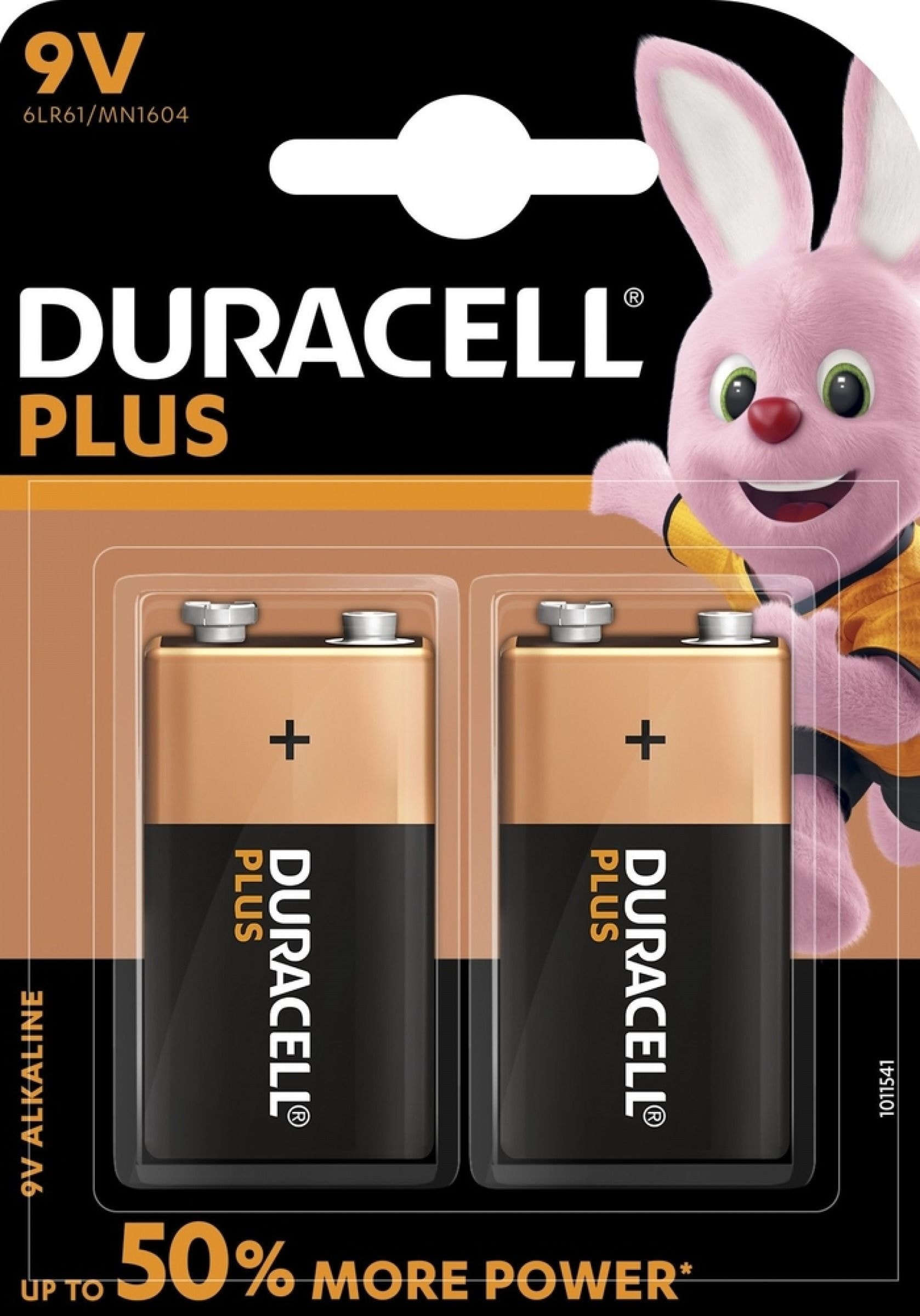 Duracell Plus batterier 9V 6LR61. Pakke med 2 stk.