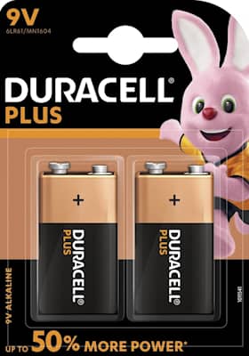 Duracell plus power batterier 9V 6LR61.Pakke med 2 stk.