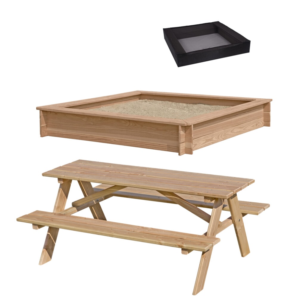 Nordic Play sampak med sandkasse, børnebord-bænkesæt i lærk og sandkassenet