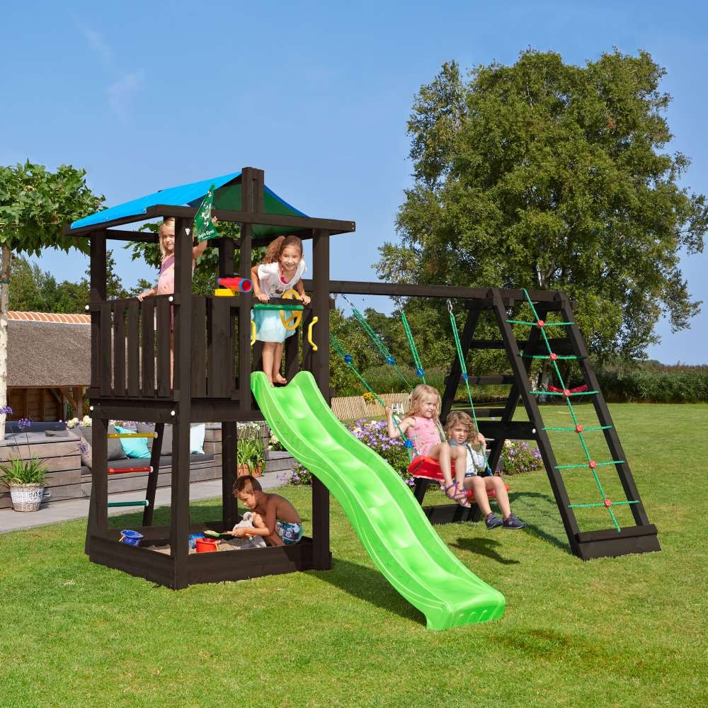 Jungle Gym Hut legetårn grundmalet sort med 2-Climb Modul 220 og rutsjebane
