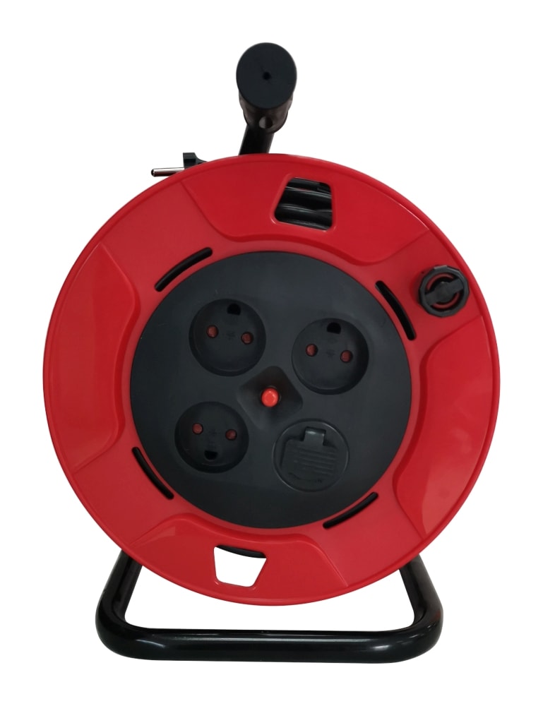 E-line kabeltromle i rød/sort 25 meter med USB-udtag