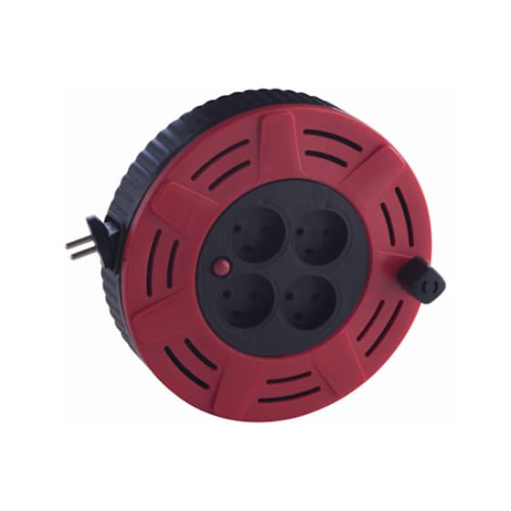 E-line kabeltromle i rød/sort 8 meter med 4 udtag uden jord