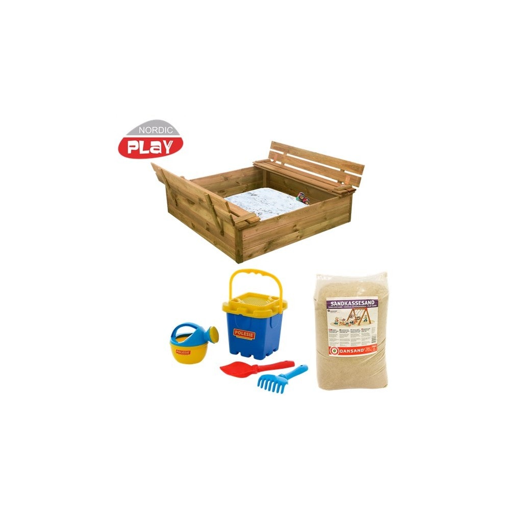 Nordic Play sandkasse med 240 kg sand og strandsæt i grøn 120 x 120 cm