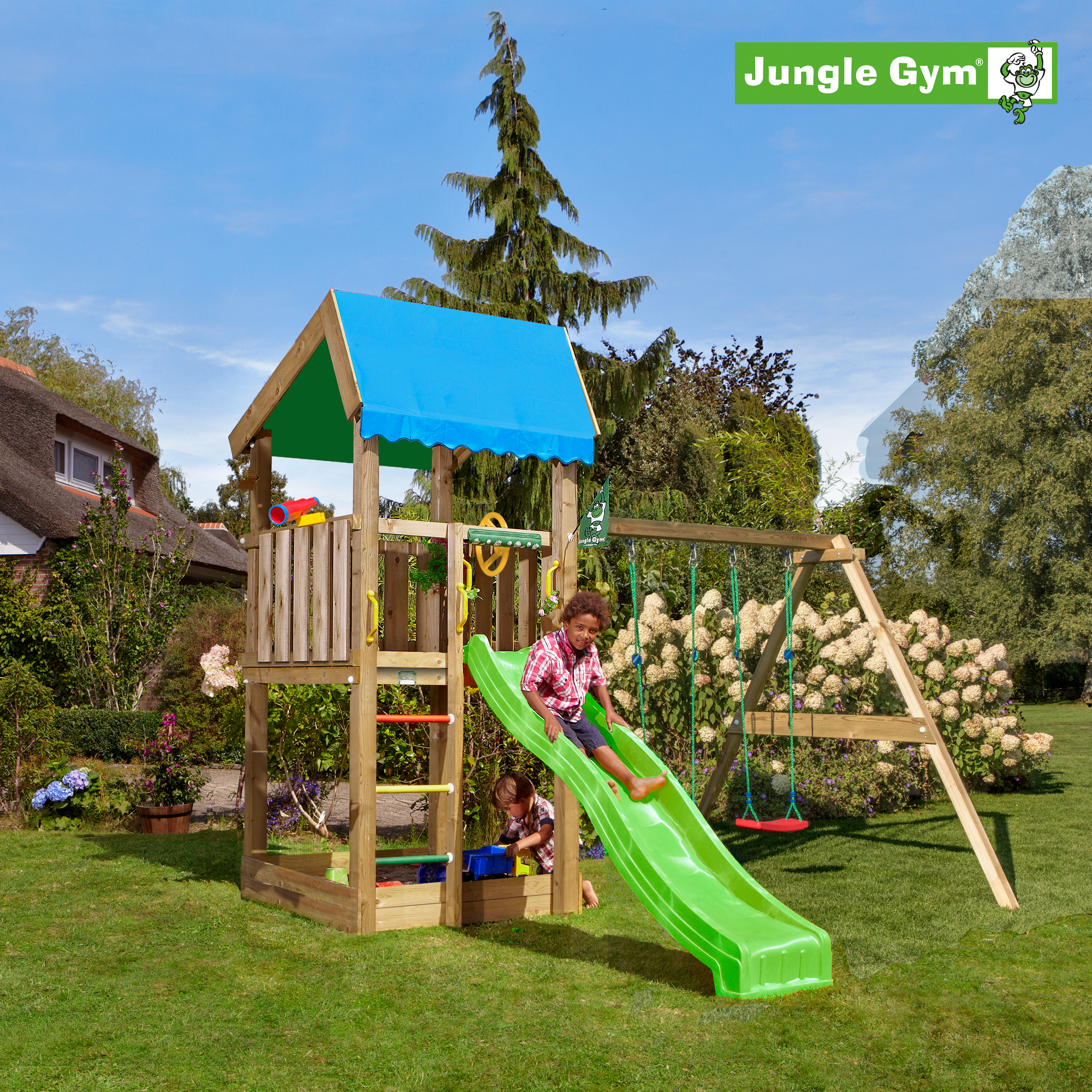 Jungle Gym Home 2.1 legetårn komplet inkl. Swing Module Xtra ekskl. rutsjebane