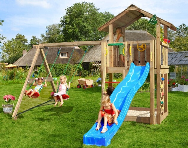 Jungle Gym Chalet 2.1 legetårn med 2-Swing Modul 220 og blå rutsjebane