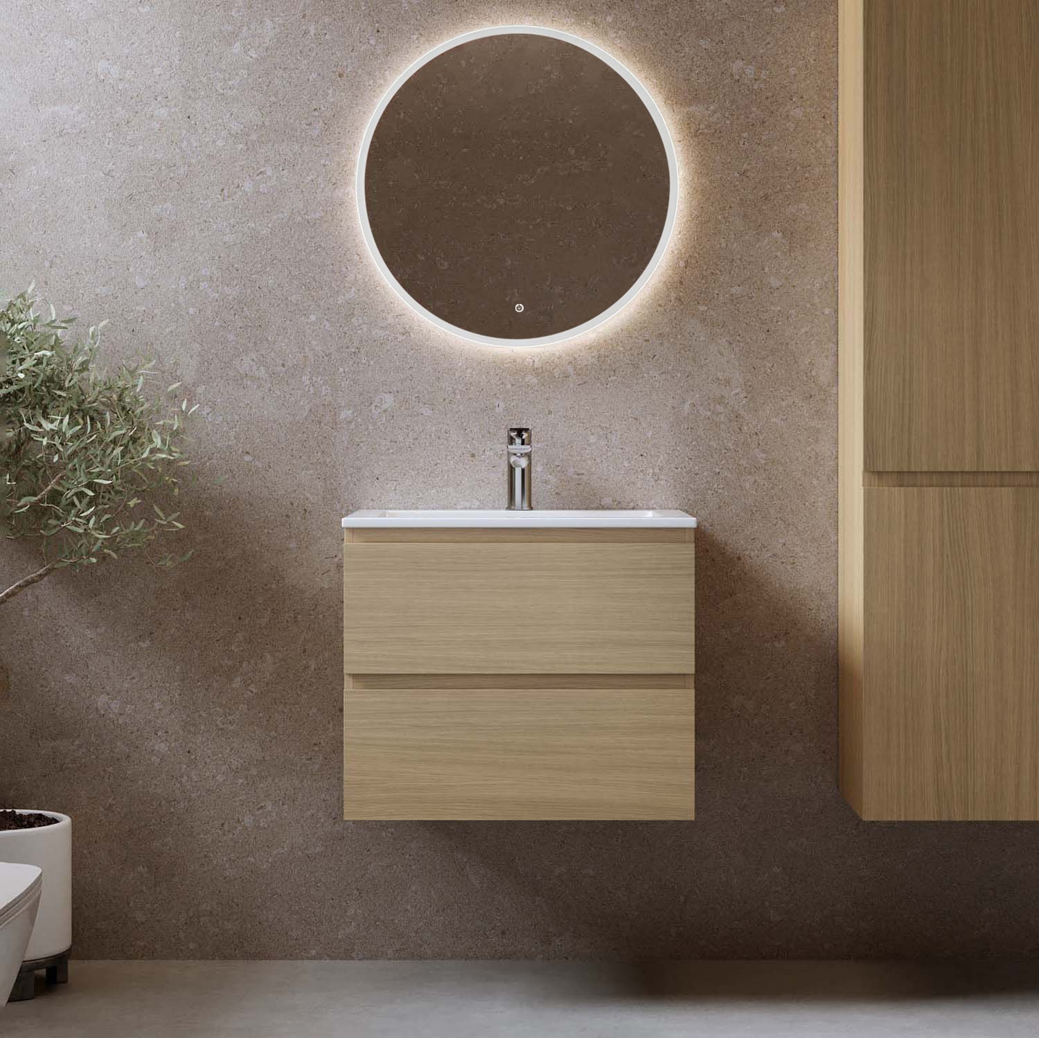 Bathlife Eufori 1200 vaskeskab lys eg med håndvask og Skina spejl