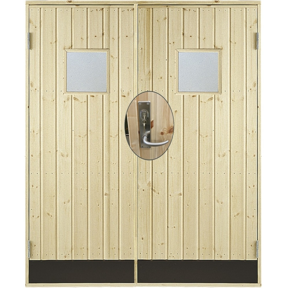 Plus dobbelt udhusdør i ubehandlet træ, lodret panel med vindue