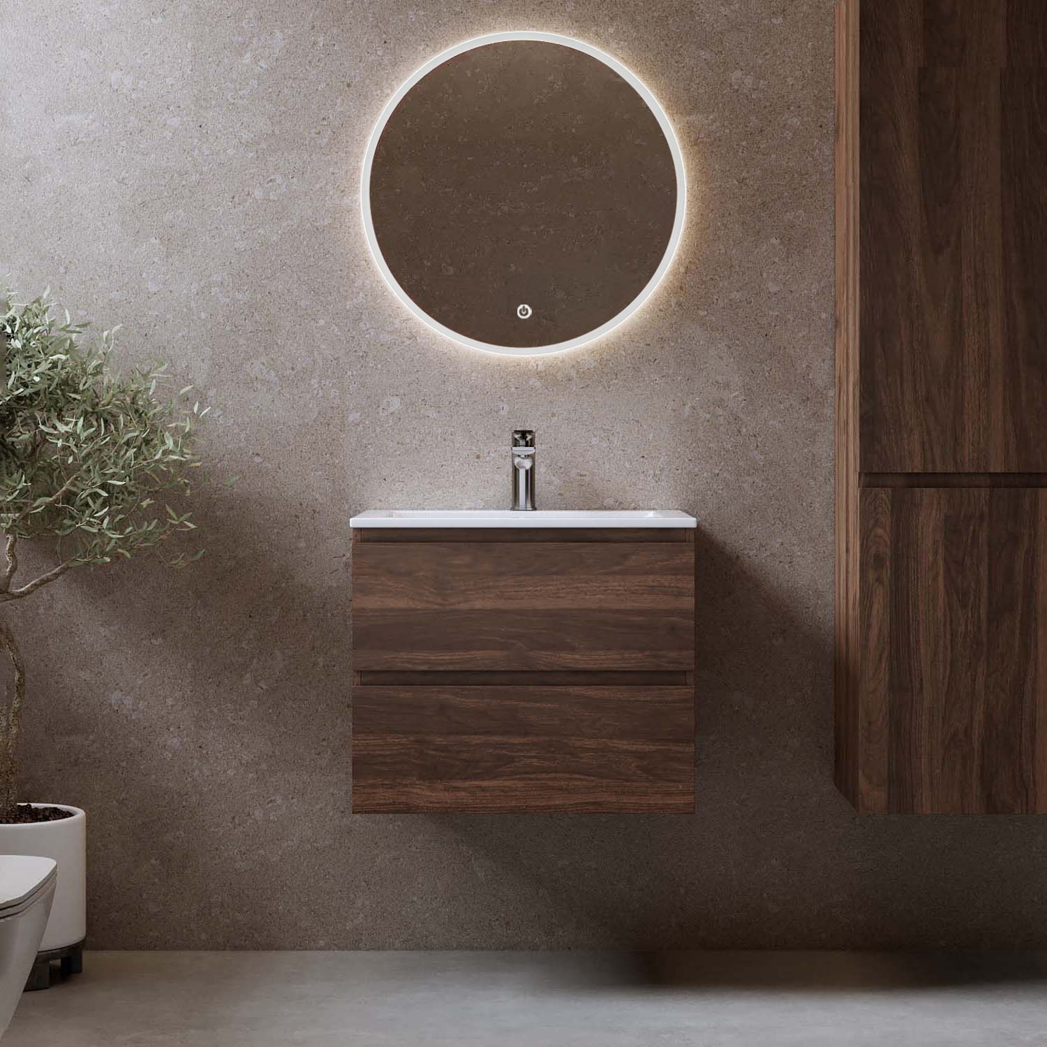 Bathlife Eufori 1200 vaskeskab valnød med håndvask og Skina spejl