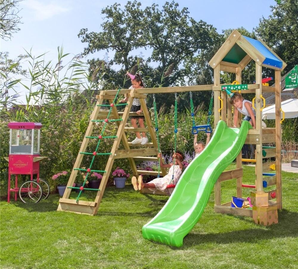 Jungle Gym Patio legetårn komplet med 2-Climb Modul 200 og mørkegrøn rutsjebane