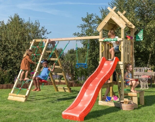 Jungle Gym Totem legetårn komplet med 2-Climb Modul 200 og rød rutsjebane