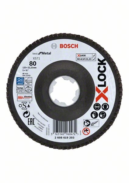 Bosch X-LOCK-lamelslibeskiver, vinklet udførsel, på bæreskive i kunststof og en diameter på 125 mm, G 1200, X571, Best for Metal, 1 stk.