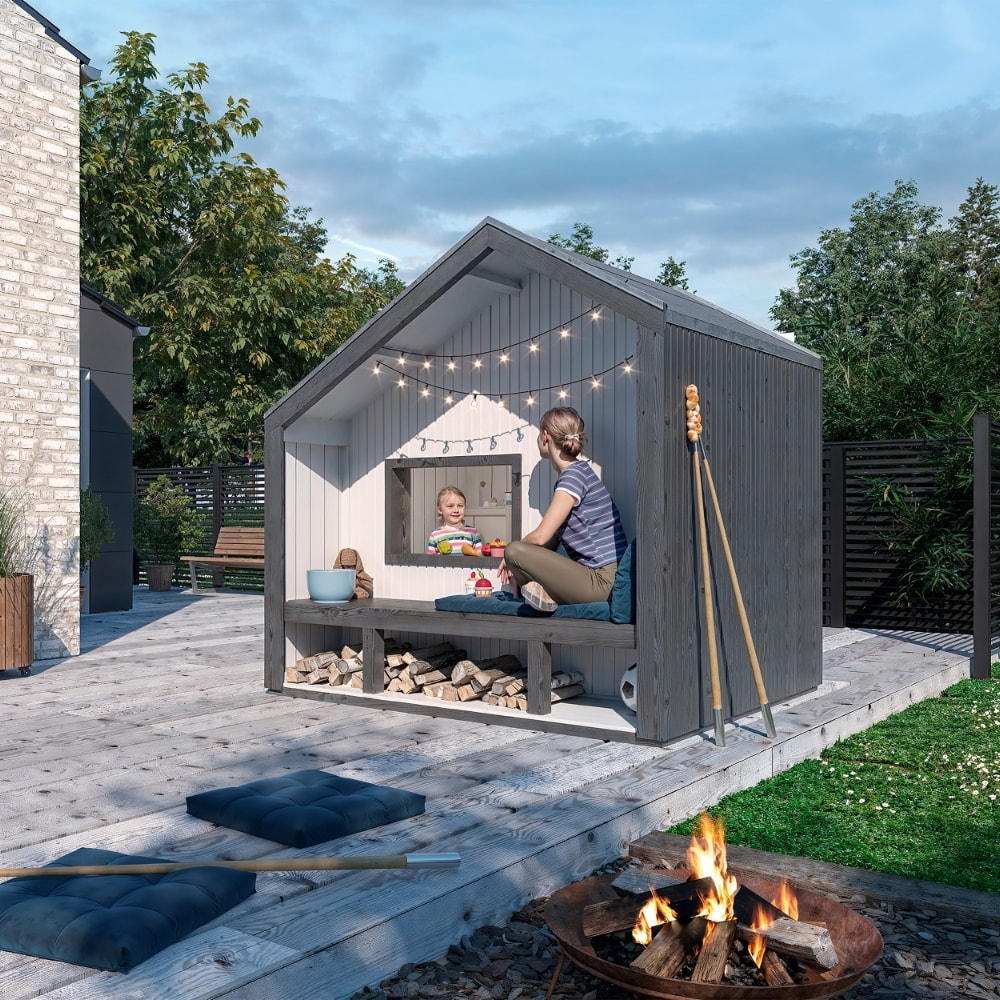 Plus Cozy legehus ubehandlet med bænk 180 x 208 x 209 cm