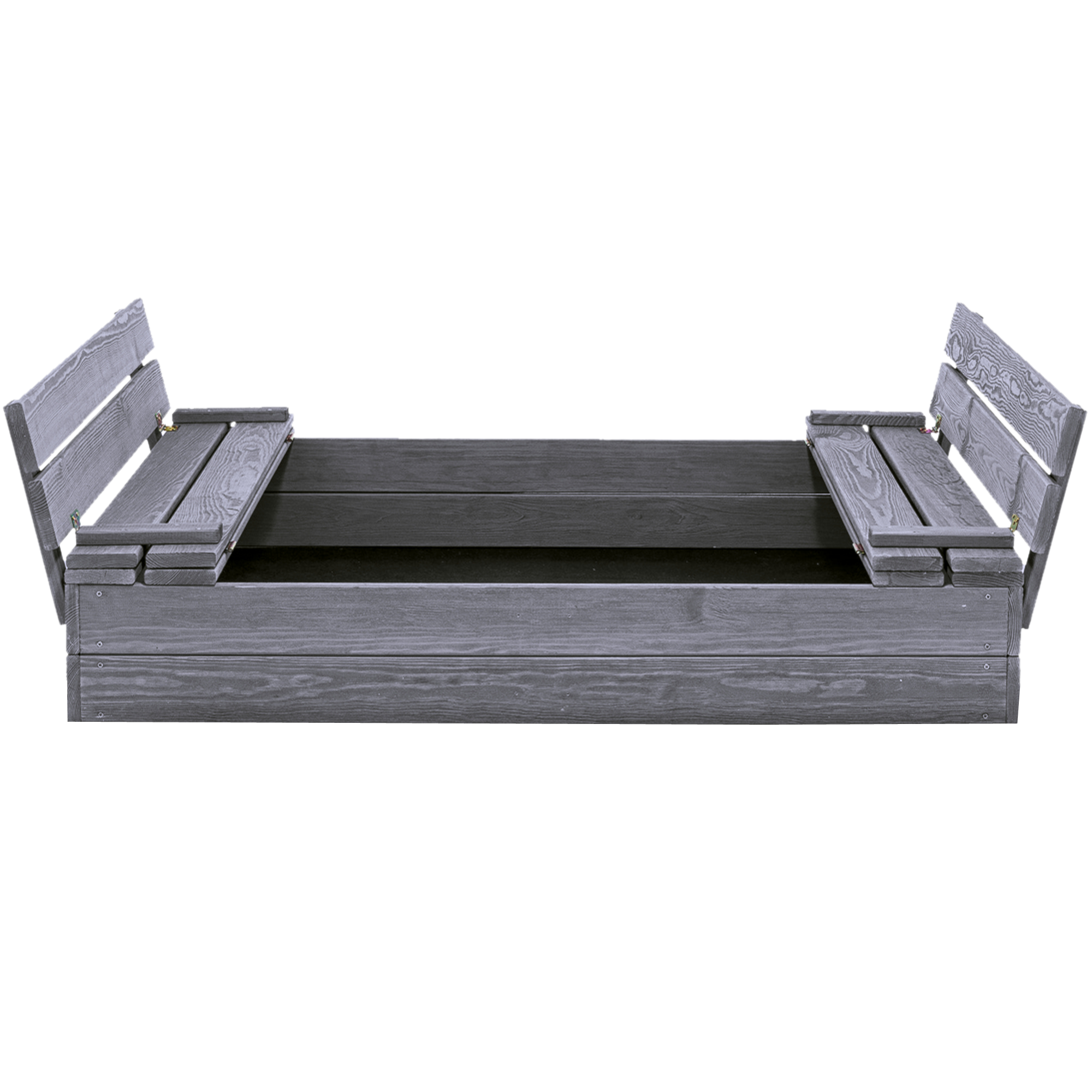 Nordic Play sandkasse i grundmalet grå med vippelåg og bænk 120 x 120 cm