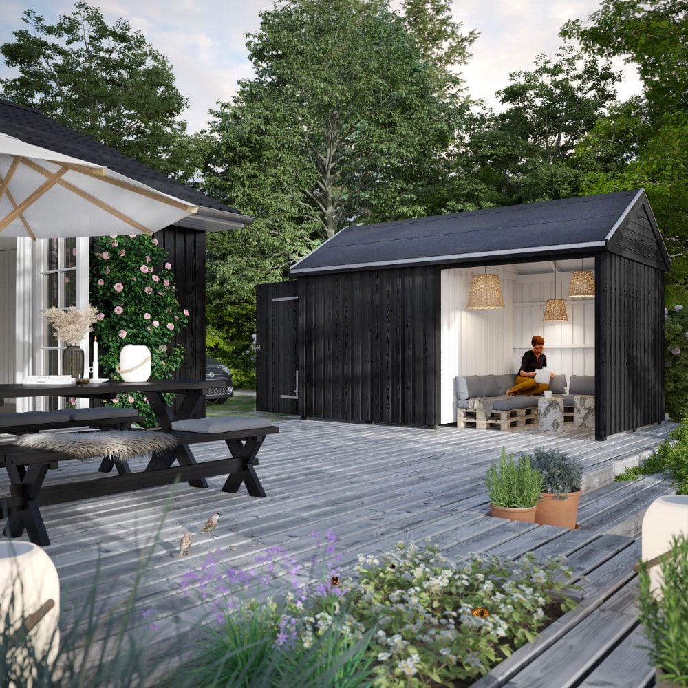 Plus Classic Multi havehus ubehandlet 2 moduler 2 rum med enkeldør og lukket/åben front inkl. tagpap/alulister/H-stolpefødder 10 m2