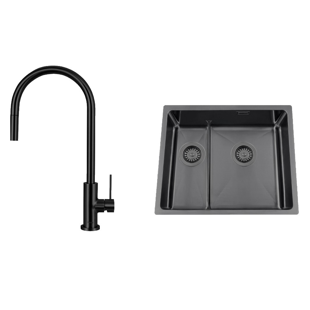 Nordic Tech Titan 53 KHX Nickel køkkenvask sort med PS Accent Shadow armatur