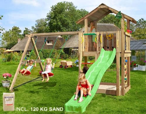 Jungle Gym Chalet 2.1 legetårn 2-Swing Modul 220, 120 kg sand og grøn rutsjebane