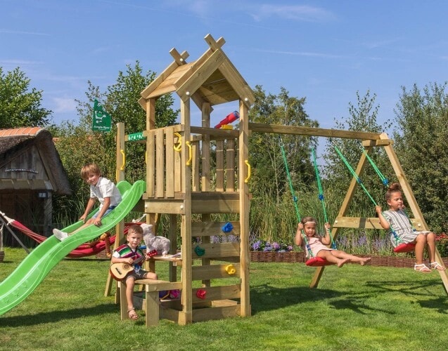 Jungle Gym Teepee legetårn komplet med 2-Swing Modul 200 og grøn rutsjebane