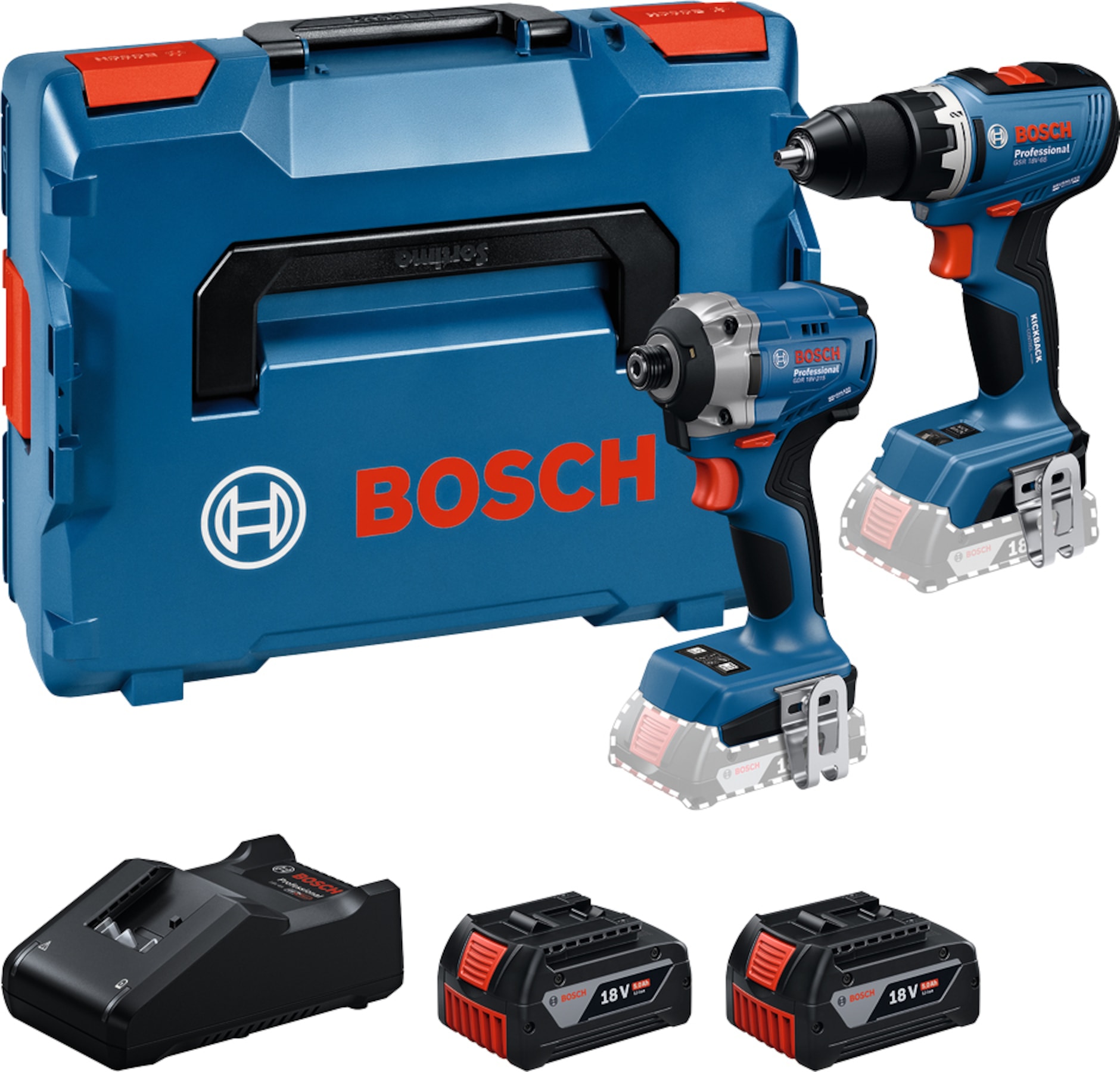 Bosch GSR+GDR værktøjssæt 18V inkl. 2 x 5 Ah batterier og lader L-Boxx