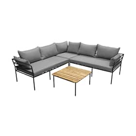 Venture Design Penh loungesofa i sort alu med grå hynder og bord i akacia