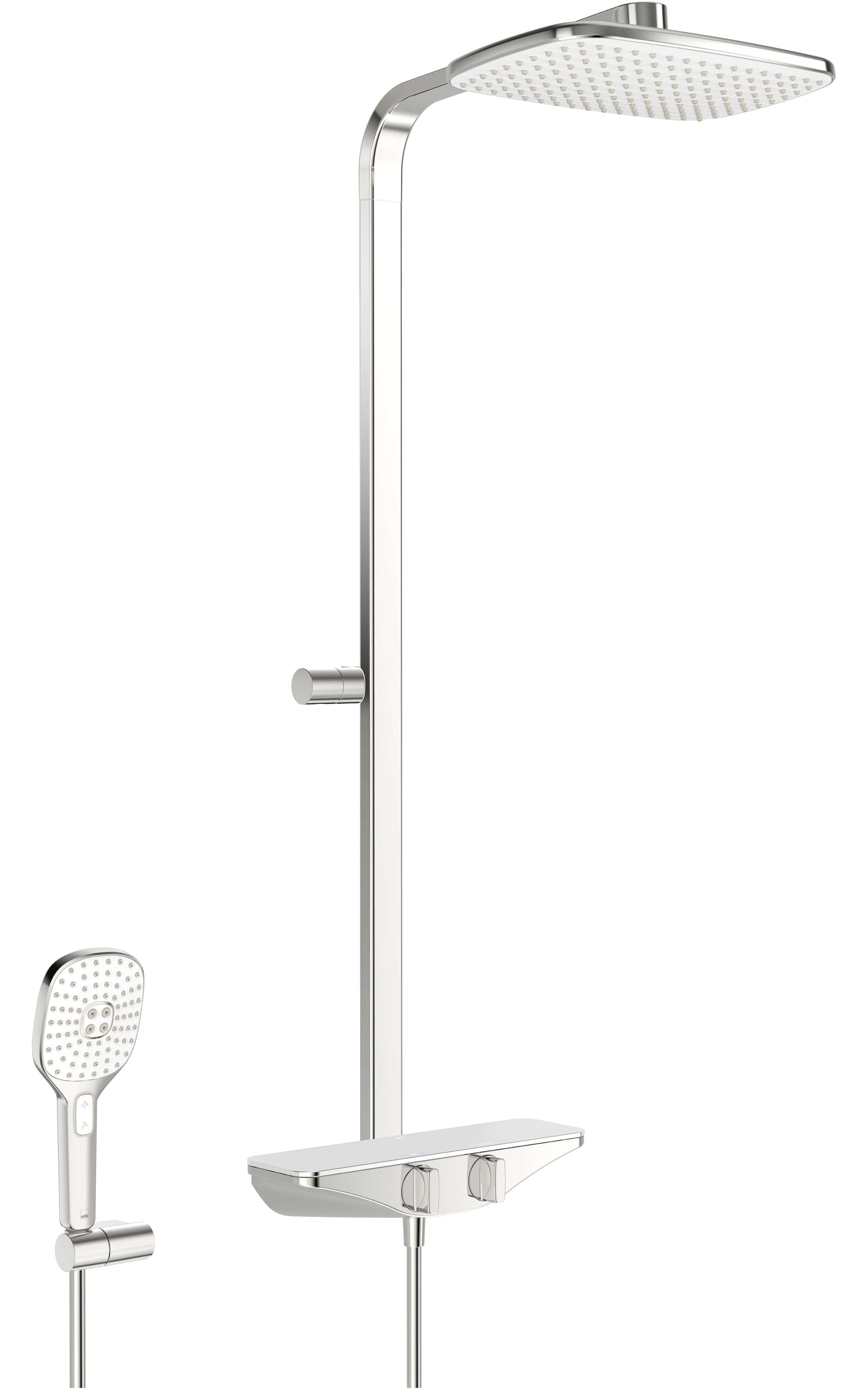 Oras Esteta brusersystem i krom med Rain bruserarmatur og hylde