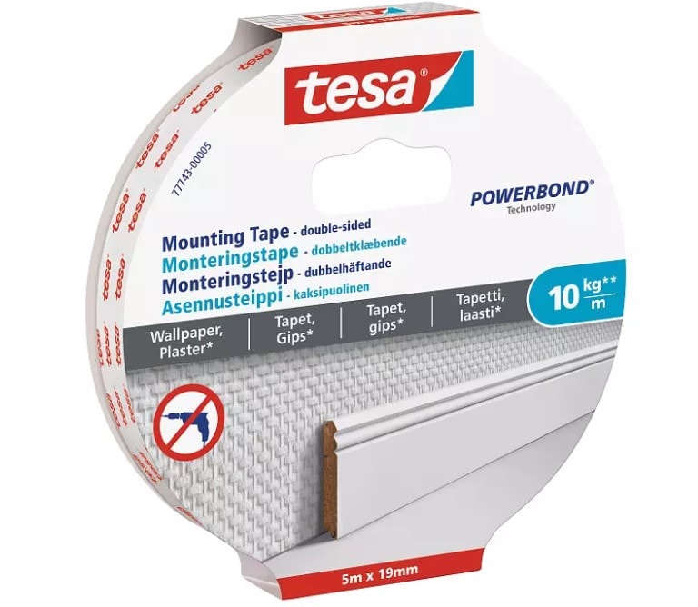 Tesa dobbeltklæbende monteringstape til tapet og puds 5 m x 19 mm