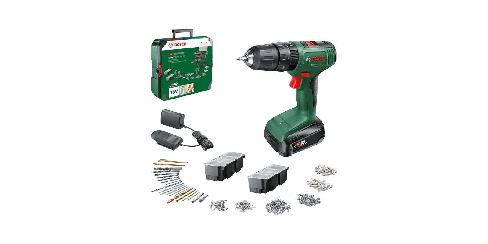 Bosch EasyImpact 18V-40 slagboremaskine med 2 x 1,5 Ah batteri og lader S-box