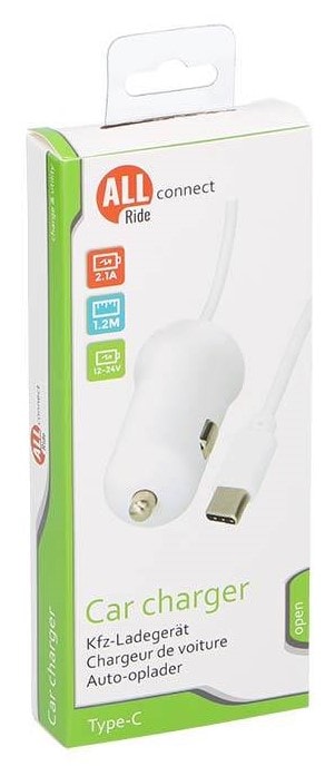Allride Connect 2,0 cigarettænder oplader til USB-C 1,2 meter