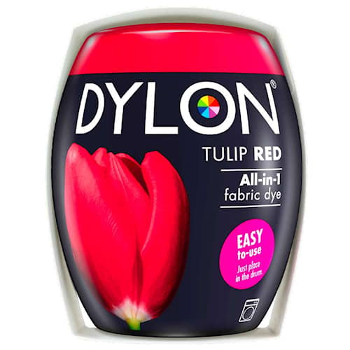 Dylon maskin tekstilfarve 36 Tulip Red med salt. Pakke med 350 gram.