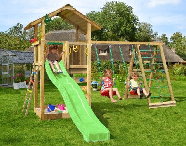 Jungle Gym Sierra legetårn med 2-Climb Modul 220 og grøn rutsjebane