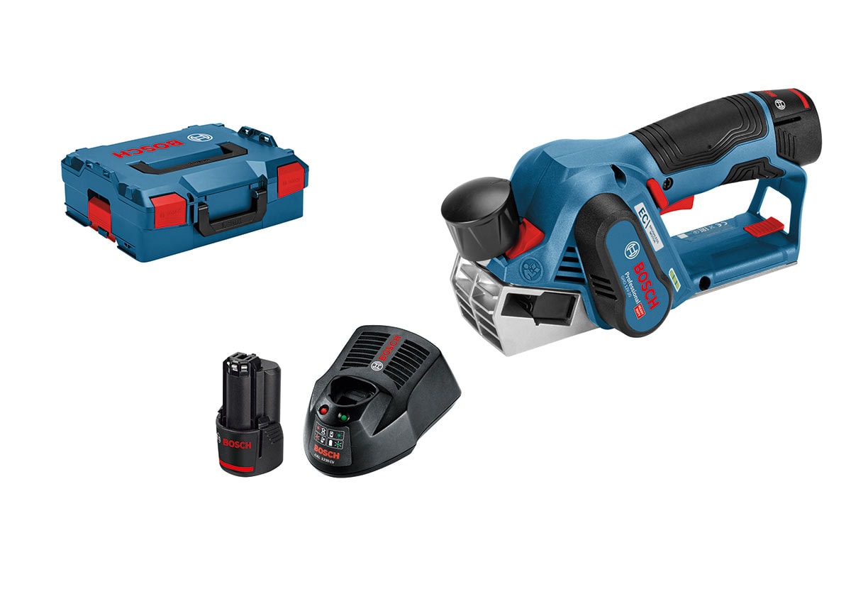 Bosch GHO 12V-20 høvl 12V med 2 x 3,0 Ah batteri og lader L-Boxx