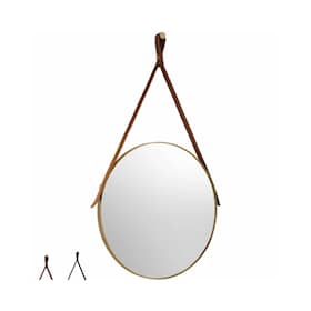 Lavabo spejl med ramme i messing og brun læderstrop Ø500 mm