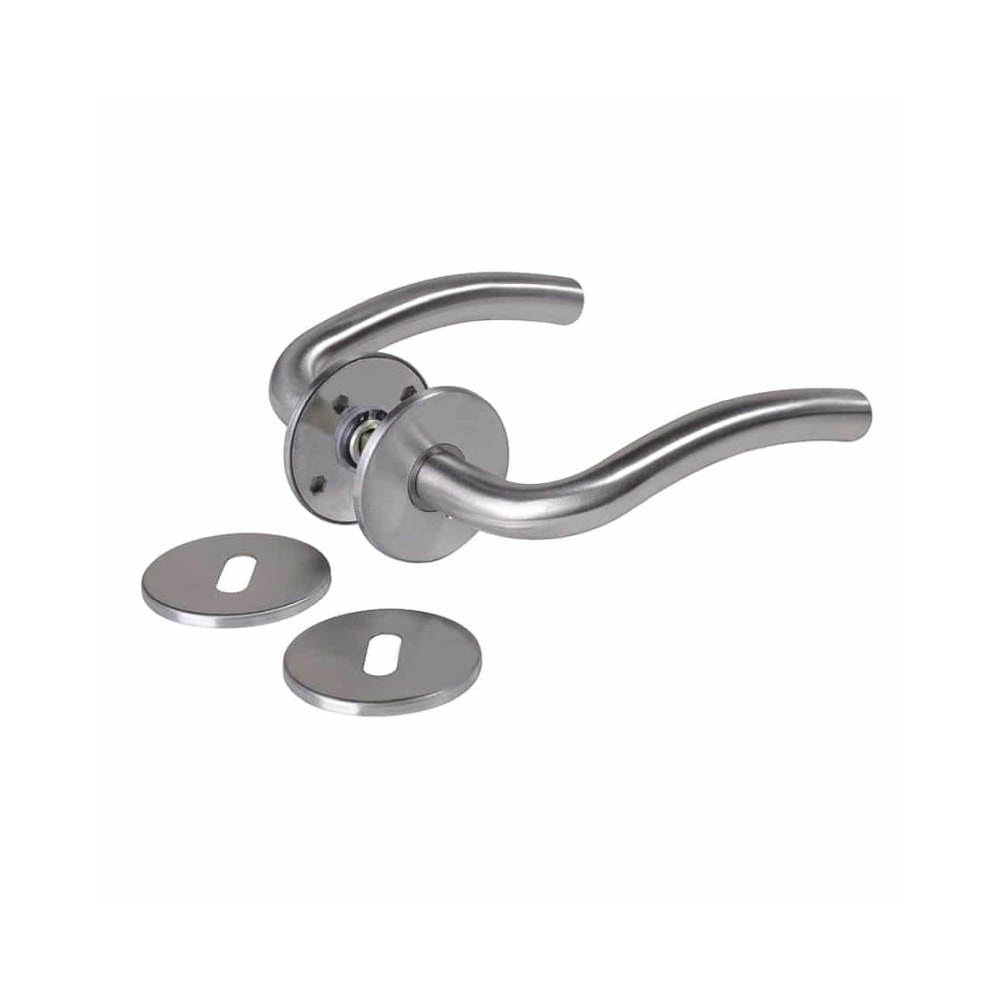 Jasa dørgreb L-form i børstet stål med blød bue inkl. nøgleskilt Ø19 mm