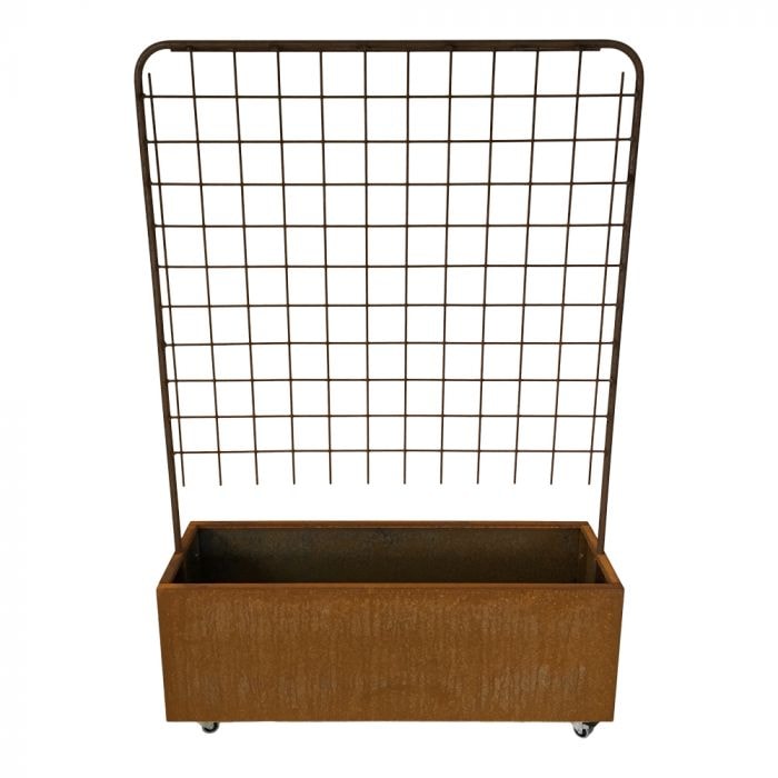 Zinkbakken plantekasse cortenstål med espalier, flamingo og hjul 120x40x40 cm