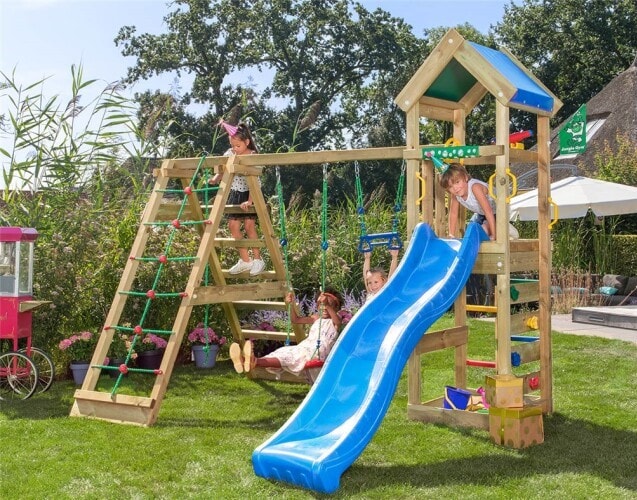 Jungle Gym Patio legetårn komplet med 2-Climb Modul 200 og blå rutsjebane