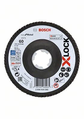 Bosch X-LOCK-lamelslibeskiver, vinklet udførsel, på bæreskive i kunststof og en diameter på 125 mm, G 60, X571, Best for Metal, 1 stk.