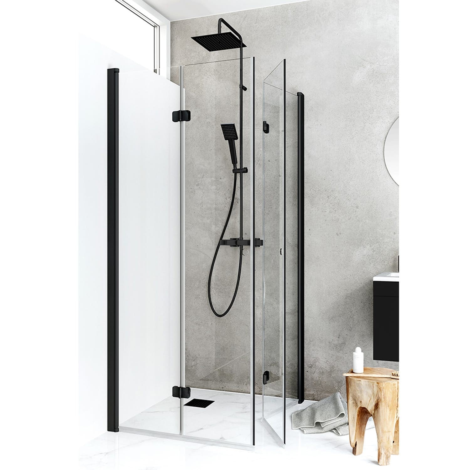 Hafa Igloo Pro Fold brusehjørne i klart glas/sort 90 x 90 x 200 cm