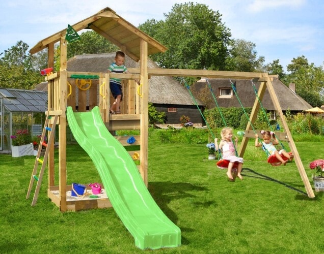 Jungle Gym Sierra legetårn med 2-Swing Modul 220 og grøn rutsjebane
