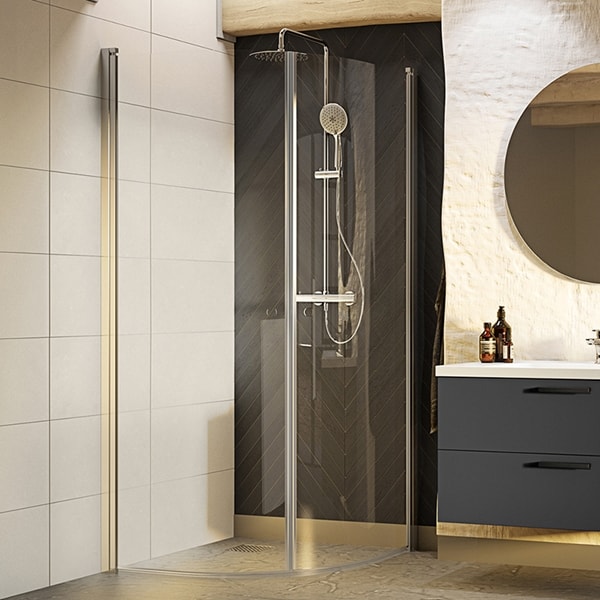 Westerbergs Nejd brusehjørne buet i klar glas og alu 90x90 cm