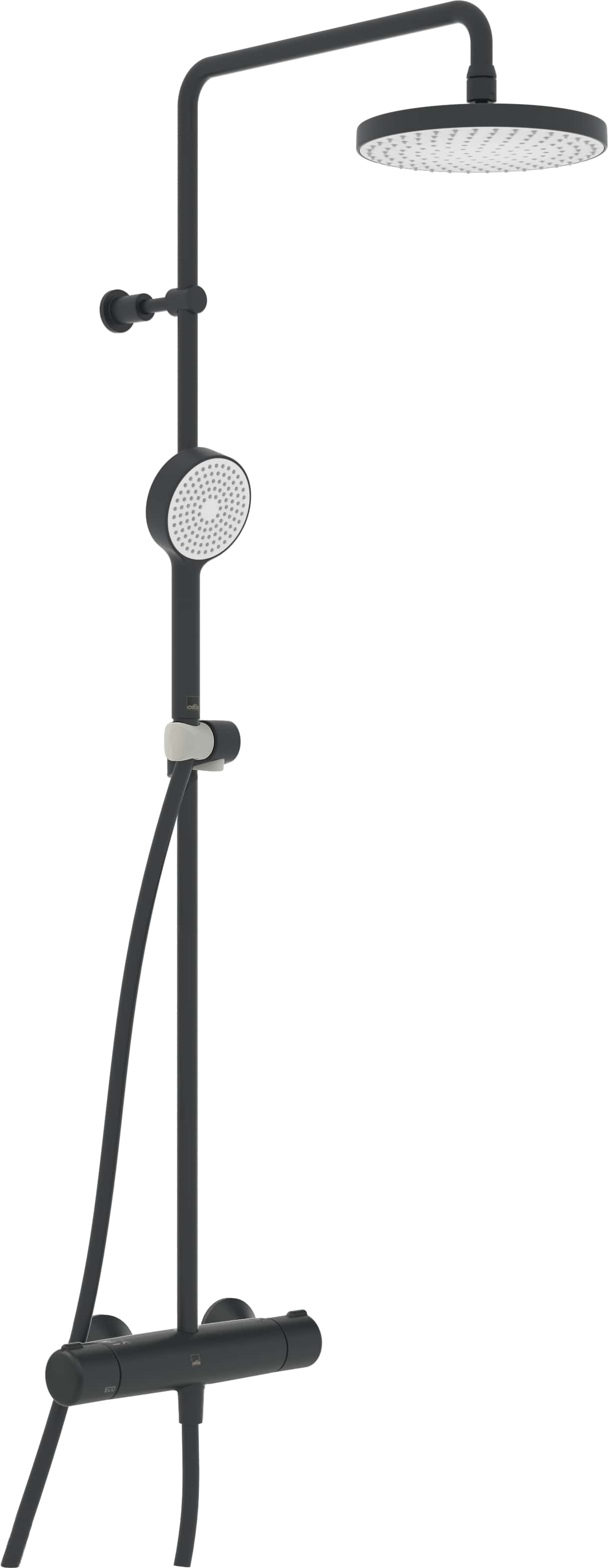 Oras Nova brusersystem i mat sort med Rain bruserarmatur og hovedbruser Ø200 mm