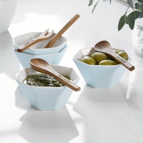 Steel-Function Hepta mini skåle 4 stk i isblå porcelæn med bestik i bambus