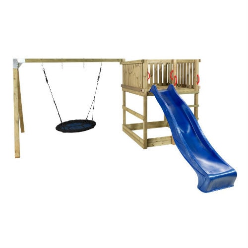 Plus Play legetårn inkl. gyngestativ, blå rutsjebane og redegynge